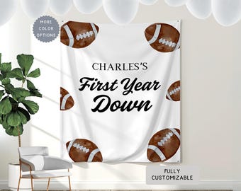 Personalized 1st Birthday Football Theme Banner, Custom First Year Down Birthday Party Hanging Wall Backdrop,Boy ANYAGE Birthday Sports Sign