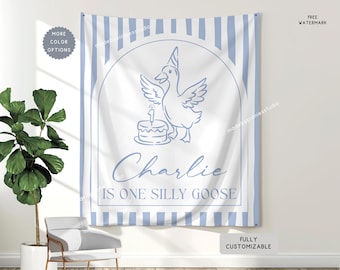 Personalized One Silly Goose Banner, First Birthday Hanging Photo Backdrop Decor, Custom ANY AGE Welcome Party Sign, Baby Goose 1st birthday