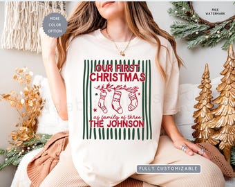 Personalized First Christmas Family Matching Shirts, Family of Three Xmas Tees, Mom Dad Baby First Christmas Outfit, Holiday Group T-shirts