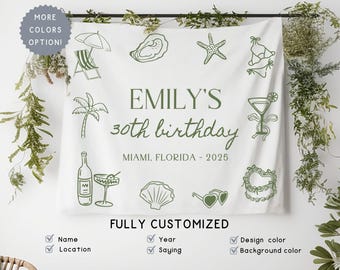 Custom 30th Beach Theme Birthday Banner Sign, Thirties Party Wall Hanging Decor ,Personalized Location Girls Social Club Tapestry ,Est 1994