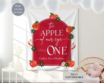 Personalized The Apple Of Our Eyes First Birthday Banner Sign, Custom ANY AGE Bday Sweet Apple Theme Party Decor, One Year Hanging Backdrop