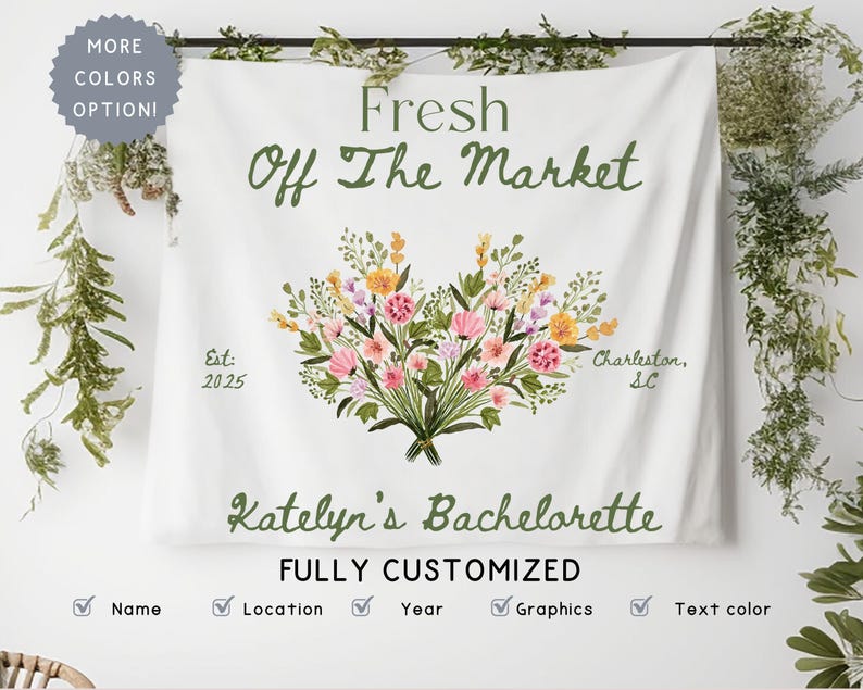 Custom Fresh Off the Market Banner Sign, Flowers Bachelorette Party Decor Tapestry, Citrus Bridal Shower Brunch Hanging Backdrop Photobooth image 1