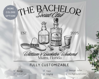 Custom Bachelor Social Club Banner, Personalized Tequila Boys Party Tapestry, Whiskey Bach Weekend  Decor Sign, Groom Photobooth Backdrop