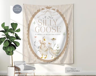 Personalized Silly Goose Theme Baby Shower Banner Decor, A New Silly Goose on the Loose Hanging Backdrop, Neutral Baby Boy Shower Party Sign
