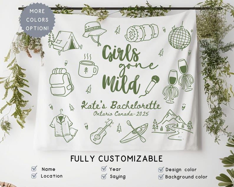 Personalized Girls Gone Mild Bachelorette Banner Sign, Custom Camping Final Fiesta Bridal Shower Photobooth Backdrop, Sleepover Bach Party image 1