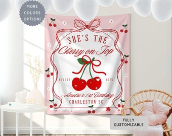Personalized Cherry First Birthday Banner, Custom ANY AGE Cherry Coquette Theme Hanging Wall Backdrop Cherry on Top 1st Birthday Party Decor