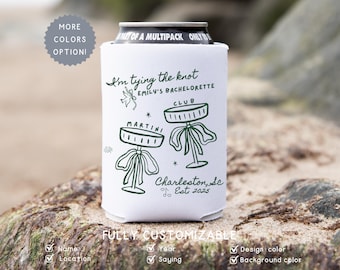 Personalized Coquette She&#39;s Tying the Knot Can Cooler Sleeve, Custom Bow & Martini Bachelorette Coozies Party Favors, Destination Bach Gift