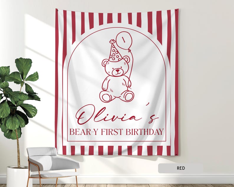 Personalized Beary First Birthday Hanging Backdrop Decor, Teddy Bear Theme Birthday Tapestry Sign, Custom 1st Birthday Boy Girl Banner Ideas image 5