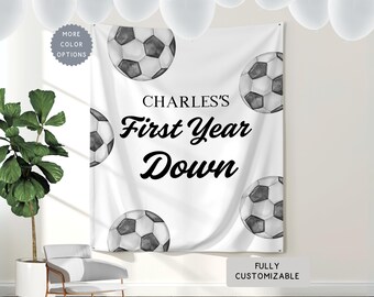 Personalized Soccer Birthday Party Banner, Custom ANY AGE Boy Sports Theme Hanging Wall Backdrop Decor, Kids Football Birthday Tapestry Sign