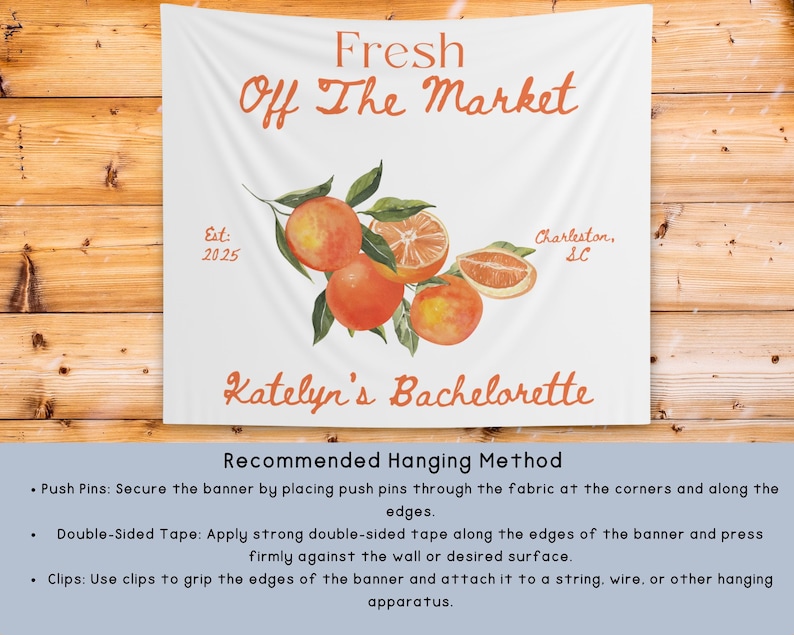 Custom Fresh Off the Market Banner Sign, Flowers Bachelorette Party Decor Tapestry, Citrus Bridal Shower Brunch Hanging Backdrop Photobooth image 8