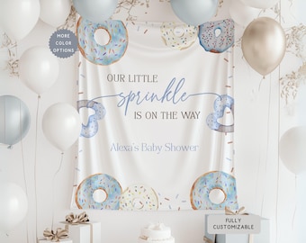 Personalized Donut Sprinkle Baby Shower Banner, Custom Blue & Pink Donut Theme Hanging Photo Backdrop, Oh Boy Baby Sprinkle Party Decor Sign