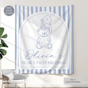 Personalized Beary First Birthday Hanging Backdrop Decor, Teddy Bear Theme Birthday Tapestry Sign, Custom 1st Birthday Boy Girl Banner Ideas image 1