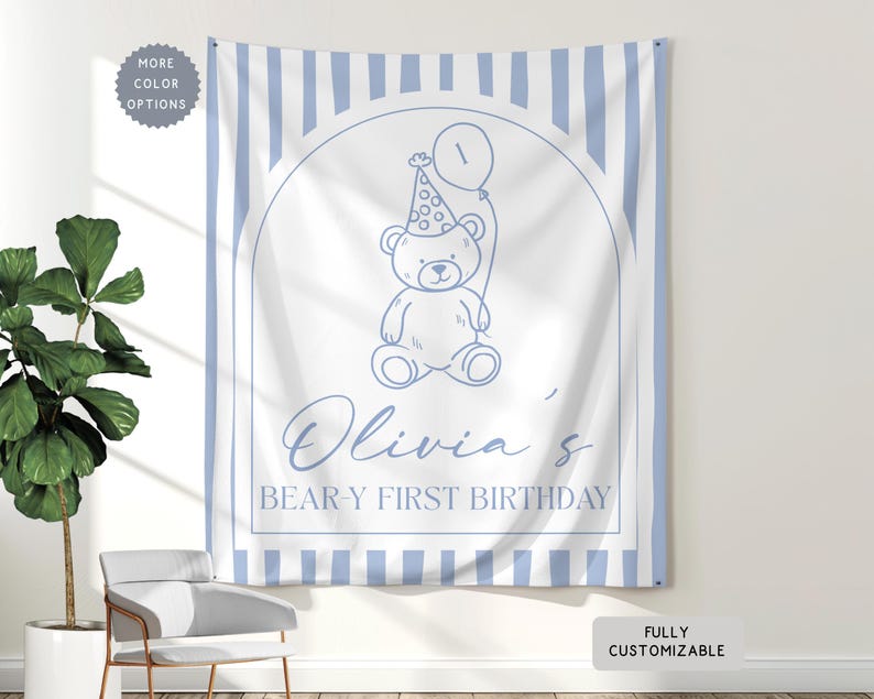 Personalized Beary First Birthday Hanging Backdrop Decor, Teddy Bear Theme Birthday Tapestry Sign, Custom 1st Birthday Boy Girl Banner Ideas image 1