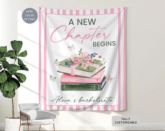 Custom Storybook Wedding Bachelorette Banner Sign, A New Chapter Begins Hanging Photo Backdrop, Flower & Book Lover Bride Welcome Sign Decor