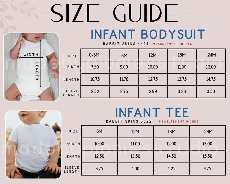 Op de afbeelding: Maattabel voor babyrompers en T-shirts. De gids bevat afmetingen in inches voor maten 0-3M tot 24M voor rompers en 6M tot 24M voor T-shirts. De afbeelding toont een baby in een witte romper en een baby in een wit T-shirt.