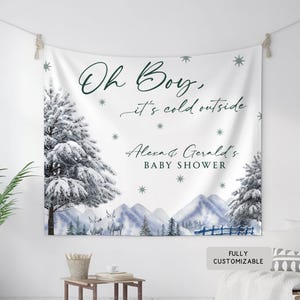 Personalized Snow Pine Tree Baby Shower Banner, Custom Oh Boy It's Cold Outside Party Hanging Backdrop, Winter Forest Theme Welcome Decor
