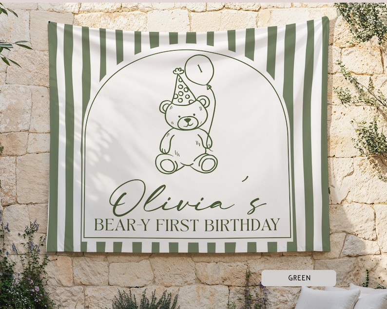 Personalized Beary First Birthday Hanging Backdrop Decor, Teddy Bear Theme Birthday Tapestry Sign, Custom 1st Birthday Boy Girl Banner Ideas image 4