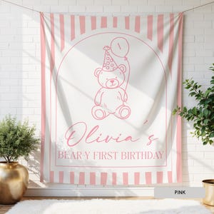 Personalized Beary First Birthday Hanging Backdrop Decor, Teddy Bear Theme Birthday Tapestry Sign, Custom 1st Birthday Boy Girl Banner Ideas image 2