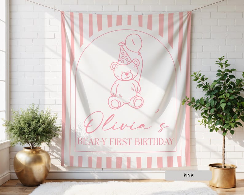 Personalized Beary First Birthday Hanging Backdrop Decor, Teddy Bear Theme Birthday Tapestry Sign, Custom 1st Birthday Boy Girl Banner Ideas image 2