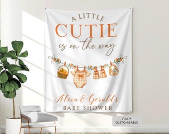 Personalized A Little Cutie On The Way Baby Shower Banner, Custom Mandarin Theme Hanging Photo Backdrop, Citrus Welcome Sign Party Decor