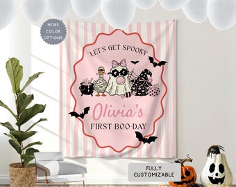 Personalized Coquette Halloween First Birthday Banner, 1st boo day Hanging Backdrop, Custom ANY AGE Spooky Theme First Party Kids Sign Decor