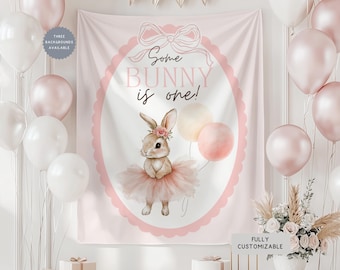 Personalized Some Bunny is One Birthday Banner, Custom ANY AGE Pink Floral Hanging Backdrop Decor, Bunny 1st birthday Girl Welcome Sign