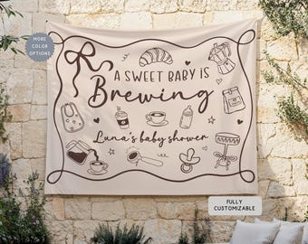 Personalized Coffee Theme Baby Shower Banner, Custom A Sweet Baby is Brewing Hanging Backdrop, Espresso Party Photobooth Welcome Sign Decor