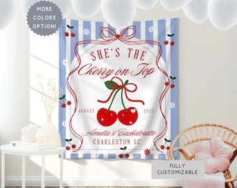 Personalized Cherry Bridal Shower Banner Sign, She's The Cherry on Top Bride Photo Hanging Backdrop, Coquette Bow Cherries Bach Party Decor
