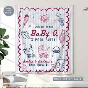 May include: A white banner with blue vertical stripes and a red scalloped border. The banner features illustrations of a hot dog, ice cream cone, and a baby carriage. Text reads "Welcome to our BaBy-Q & Pool Party!" and "Sophia & Andrew's BABY SHOWER."
