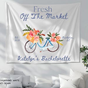 Custom Fresh Off the Market Banner Sign, Flowers Bachelorette Party Decor Tapestry, Citrus Bridal Shower Brunch Hanging Backdrop Photobooth image 2