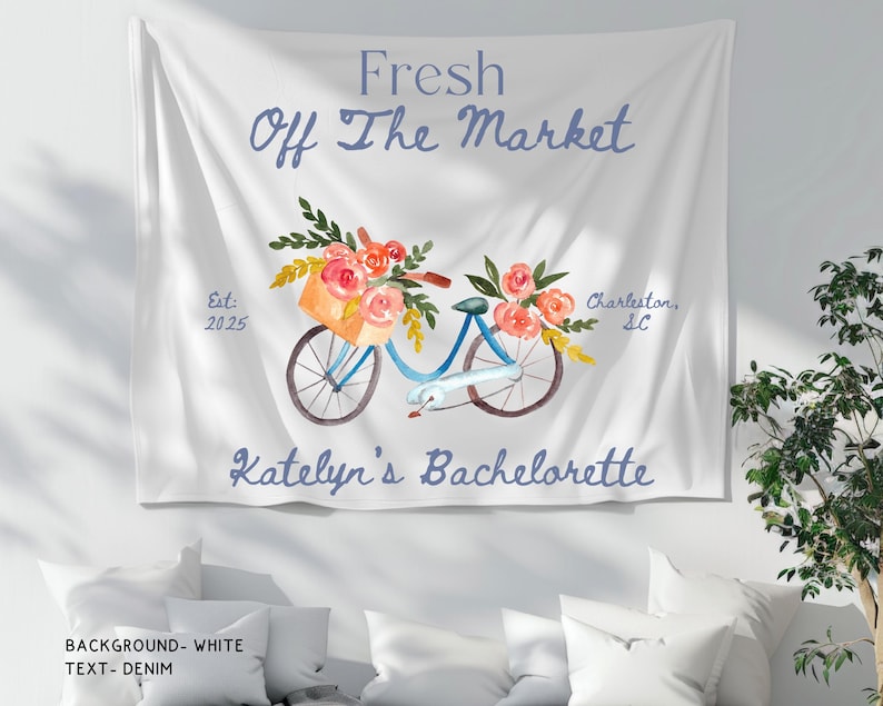 Custom Fresh Off the Market Banner Sign, Flowers Bachelorette Party Decor Tapestry, Citrus Bridal Shower Brunch Hanging Backdrop Photobooth image 2