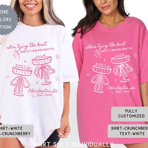 Comfort Colors® Personalized Coquette She&#39;s Tying the Knot Shirt, Custom Bow & Martini Bachelorette Party Favors, Destination Bach Tee Gift