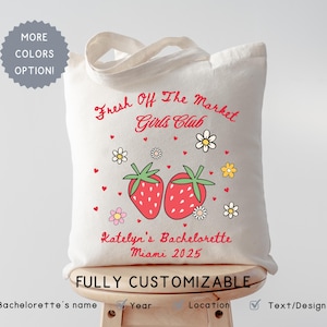Personalized Fresh Off the Market Bachelorette Tote Bag, Custom Strawberry Farmers Market Party Favor Bag, Summer Themed Bridesmaid Gift