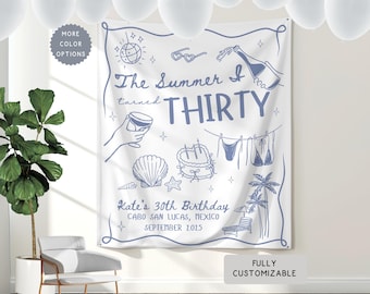 Personalized The Summer I Turned Thirty Beach Banner, Custom ANY AGE Birthday Wall Hanging Backdrop Decor, Coastal 30TH Girls Weekend Trip