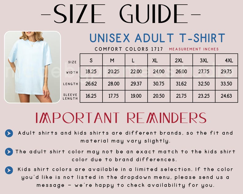 Op de afbeelding: Een lichtblauw unisex volwassen T-shirt met een maattabel. De maattabel toont de afmetingen in inches voor de maten S tot 4XL. De afbeelding bevat ook belangrijke herinneringen over shirtmerken en kleurvariaties.