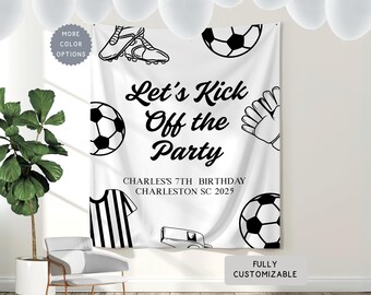 Personalized Soccer Birthday Party Banner, Custom ANY AGE Boy Sports Theme Hanging Backdrop Decor, Kids Football Birthday Tapestry Sign