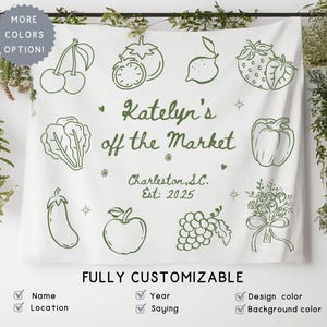Personalized Fresh Off the Market Banner Sign, Custom Farmers Market Bachelorette Bridal Shower Party Decor Vegetables Hanging Backdrop Flag