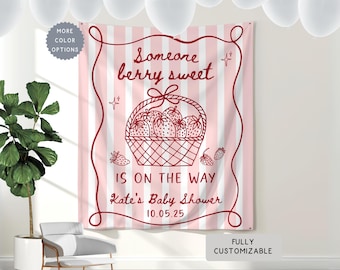 Personalized Strawberry Theme Baby Shower Banner, A Berry Sweet Baby is on the Way Hanging Backdrop, Custom Coquette Bow Fruit Party Decor
