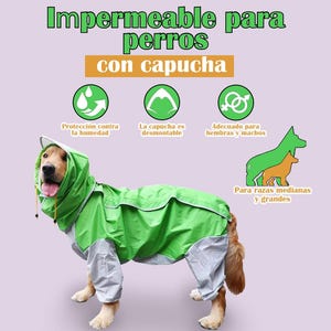 May include: Green waterproof dog raincoat with a hood. The raincoat has a reflective strip and is designed for medium to large dogs. The text on the image reads "Impermeable para perros con capucha" which translates to "Waterproof for dogs with a hood".