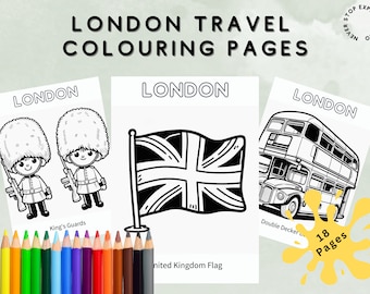 May include: Black and white coloring pages featuring London landmarks, including the Union Jack flag, a double-decker bus, and the King's Guards. The pages are part of a set of 18 coloring pages.