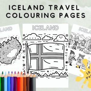 Puede incluir: Páginas para colorear en blanco y negro con ilustraciones de Islandia, que incluyen un mapa del país, la bandera islandesa y personas con ropa tradicional. El texto "ICELAND" aparece en cada página, y el texto "18 Pages" es visible en una salpicadura amarilla.