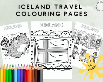 May include: Black and white coloring pages featuring illustrations of Iceland, including a map of the country, the Icelandic flag, and people in traditional clothing. The text "ICELAND" appears on each page, and the text "18 Pages" is visible in a yellow splatter.