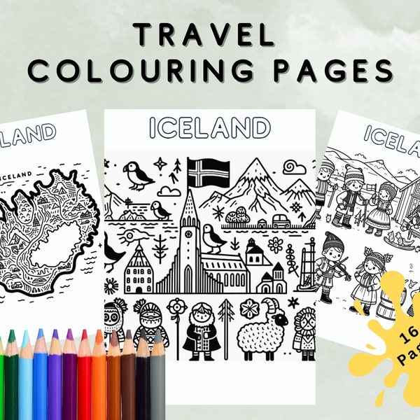 Printable Iceland Colouring Pages for Kids. Colouring Book. Kids Travel Colouring Pages. Travel Activity for Kids. Instant Digital Download