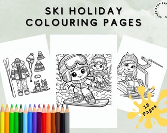 Op de afbeelding: Een set van 18 kleurplaten met skiërs en winterse taferelen. De pagina's zijn zwart-wit en klaar om in te kleuren. De pagina's bevatten een skiër op een berg, een skiër op een skilift en een skiër in een winterwonderland.