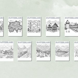 May include: A set of ten black and white coloring pages featuring various Swiss landmarks and symbols. The pages include a cow, a map of Switzerland, a Swiss flag, a chalet, a bridge, a village, a train, skiers, a bridge, and children.