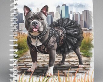 Spiral Notebook Cute Hardcore Pit Bull - Ruled Line, Dog Lover Journal, Hardcore Black Lace & Studs Design, Cobblestone Path, City Landscape