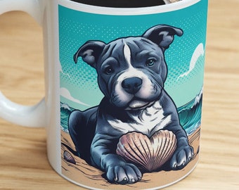 Mug Pitbull Lover Gift Dog Dad Dog Mom Dog on the Beach Holding Heart Shaped Shell, Beach Sand Ocean Waves Blue Sky Coffee Cup Ceramic Mug