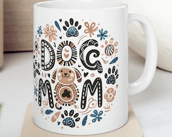 Cute Dog Mom Gift Hearts and Paw Prints Whimsical Coffee Mug Flowers Hearts Paw Prints Dog Prints Fun Dog Mom Design Ceramic Coffee Mug 11oz