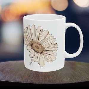 Mug Large Daisy Bloom Floral Whimsical Delicate Line-Drawn Daisy Flower Spring Flower Muted Tones Ceramic Mug, 11oz or 15oz