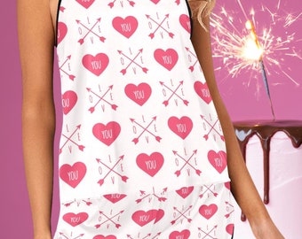 Kurzer Spaghetti-Träger-Pyjama für Frauen mit Herz, rosa Herz-der-Liebe-Pyjama für Damen, süßes Pyjama-Set, Geschenke für Sie